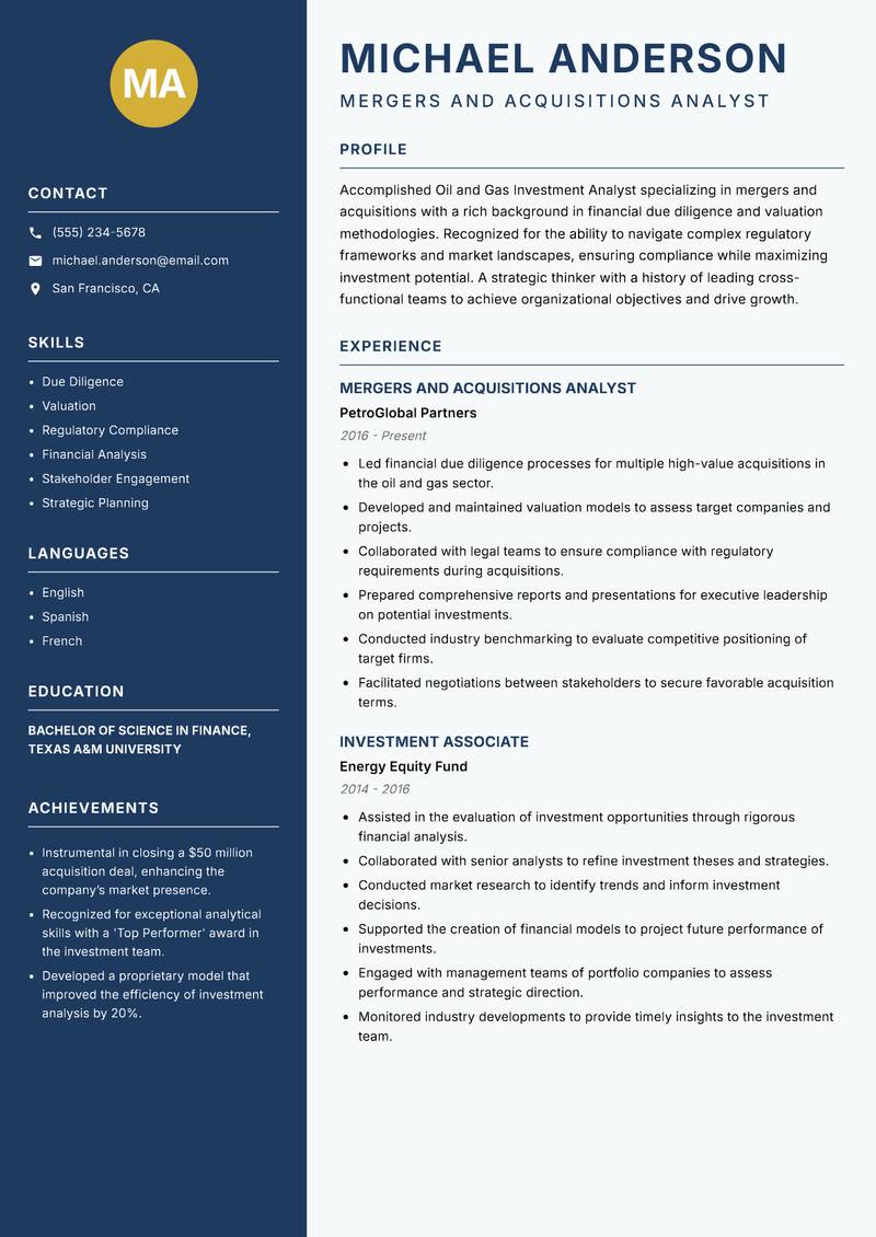 Oil and Gas Investment Analyst resume template — Classic Clean