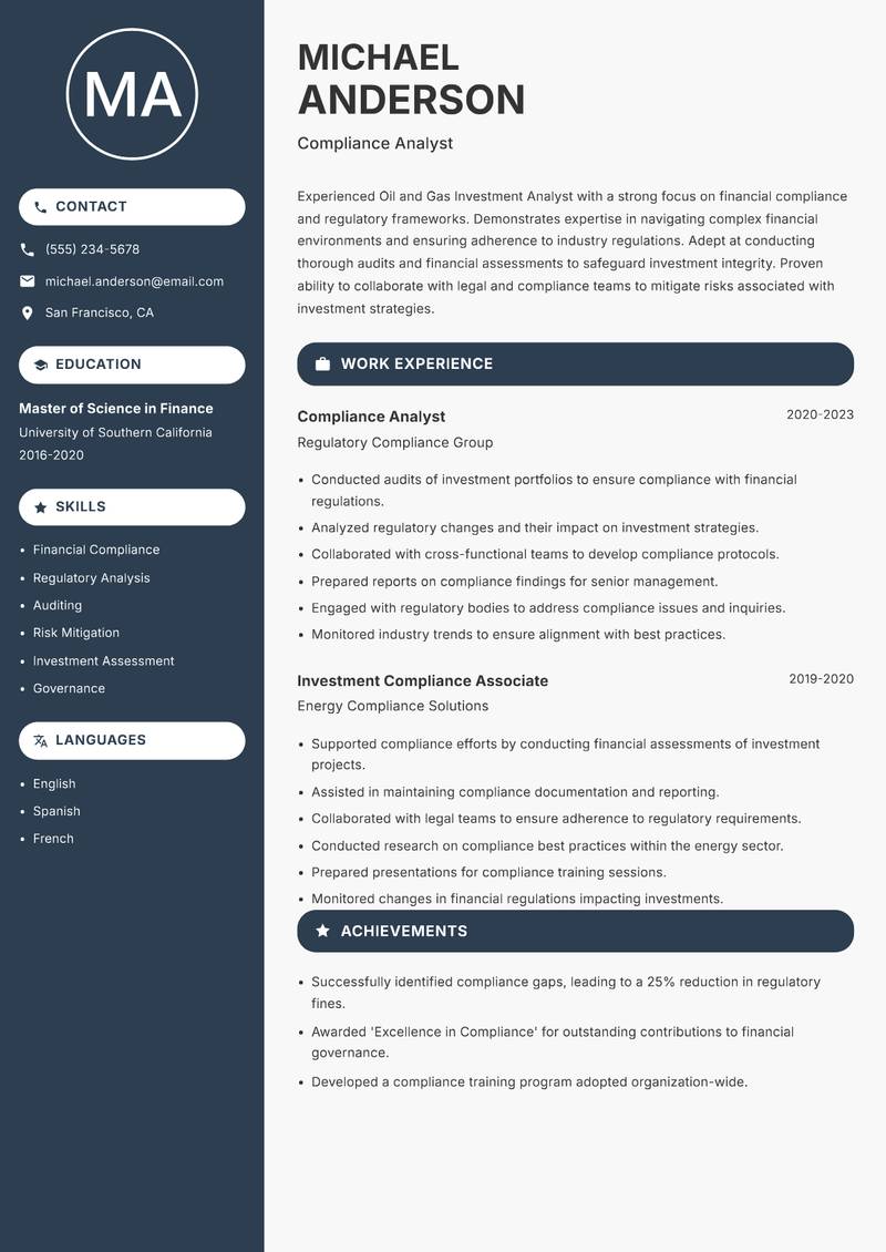 Oil and Gas Investment Analyst resume template — Compact