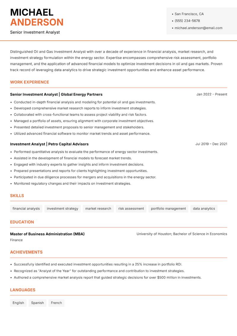 Oil and Gas Investment Analyst resume template — Modern Professional