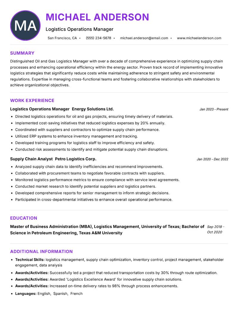 Oil and Gas Logistics Manager resume example — ATS-friendly template