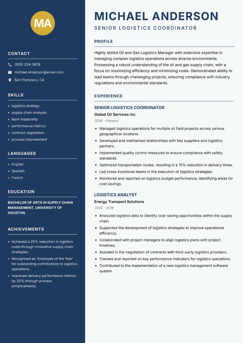 Oil and Gas Logistics Manager resume template — Classic Clean