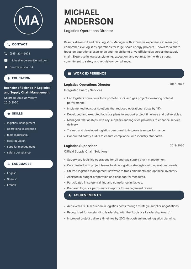Oil and Gas Logistics Manager resume template — Compact