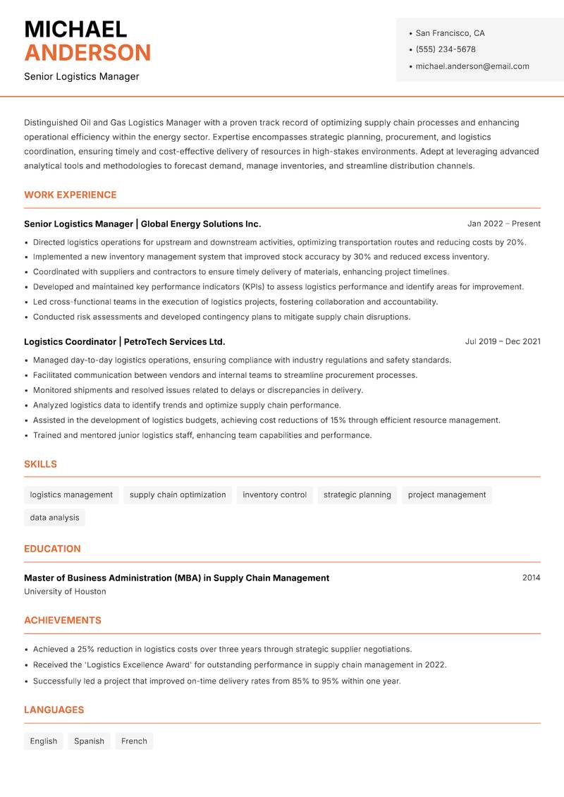 Oil and Gas Logistics Manager resume template — Modern Professional