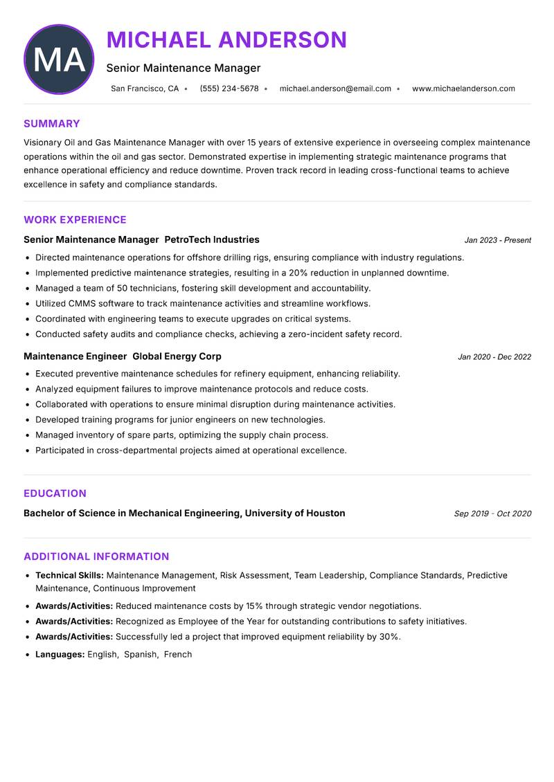 Oil and Gas Maintenance Manager resume example — ATS-friendly template