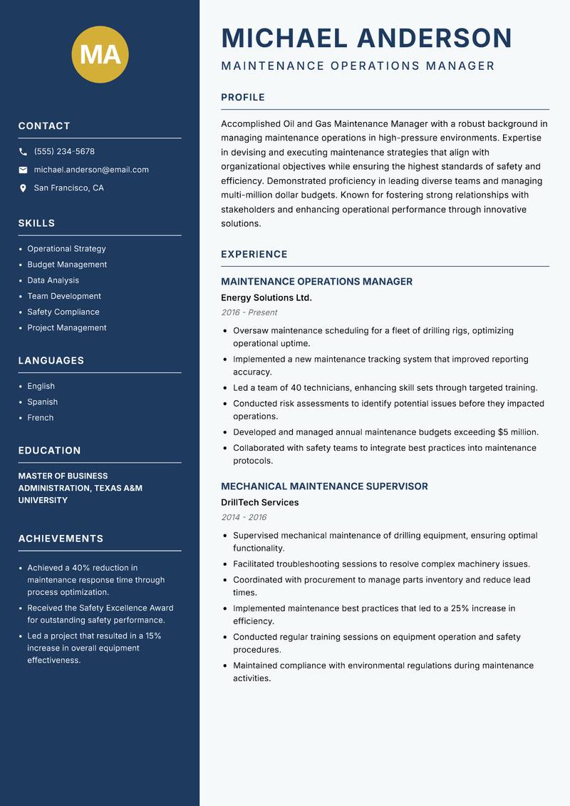 Oil and Gas Maintenance Manager resume template — Classic Clean