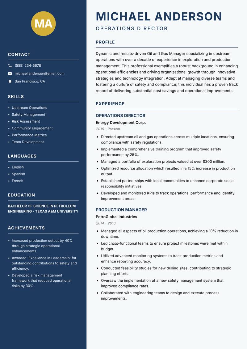 Oil and Gas Manager resume template — Classic Clean