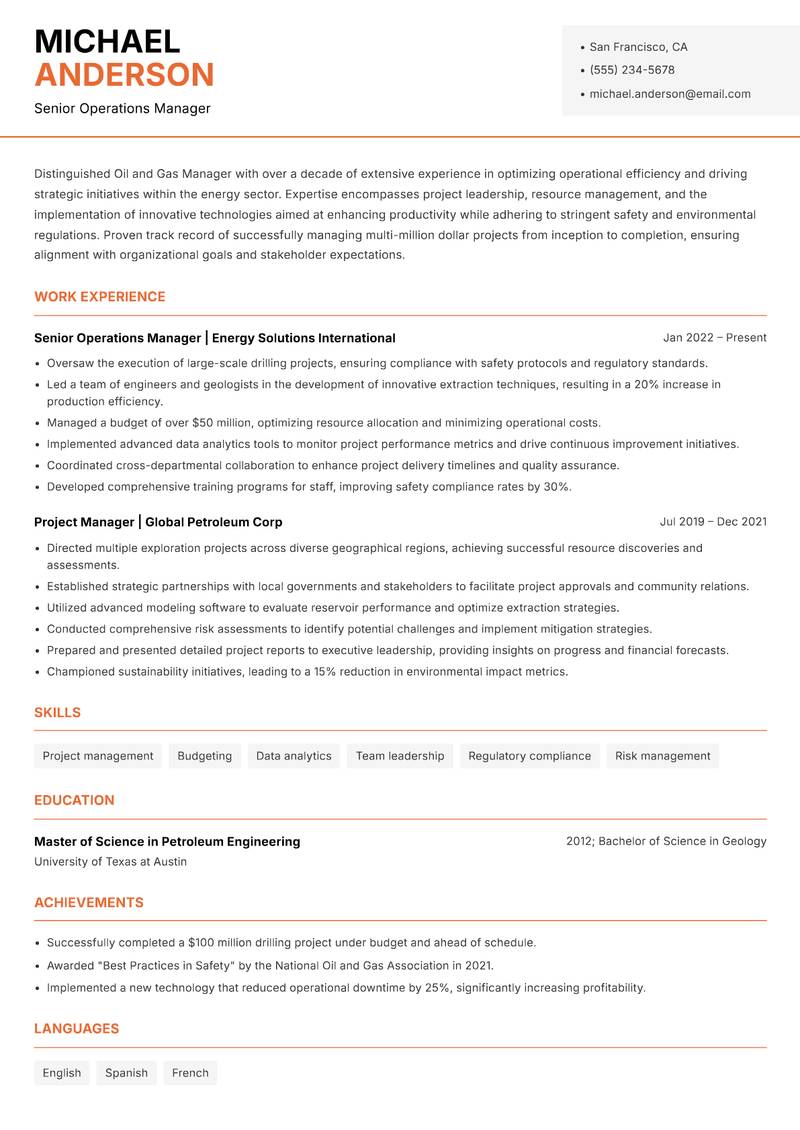 Oil and Gas Manager resume template — Modern Professional