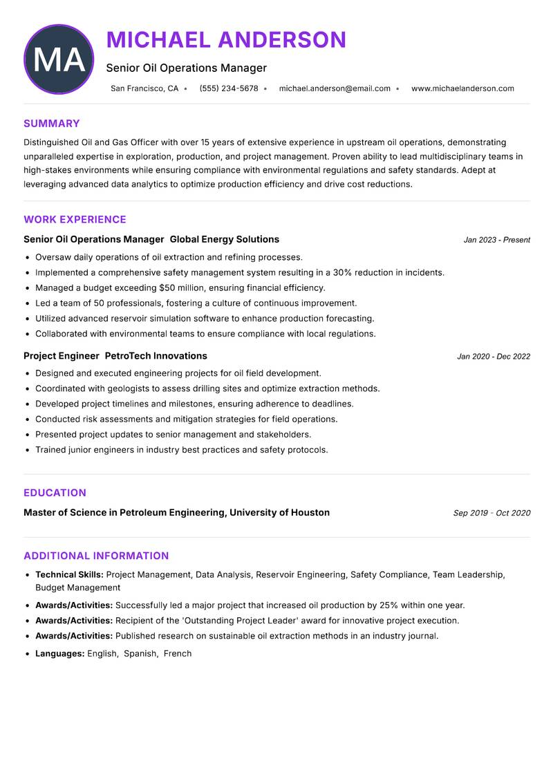 Oil and Gas Officer resume example — ATS-friendly template