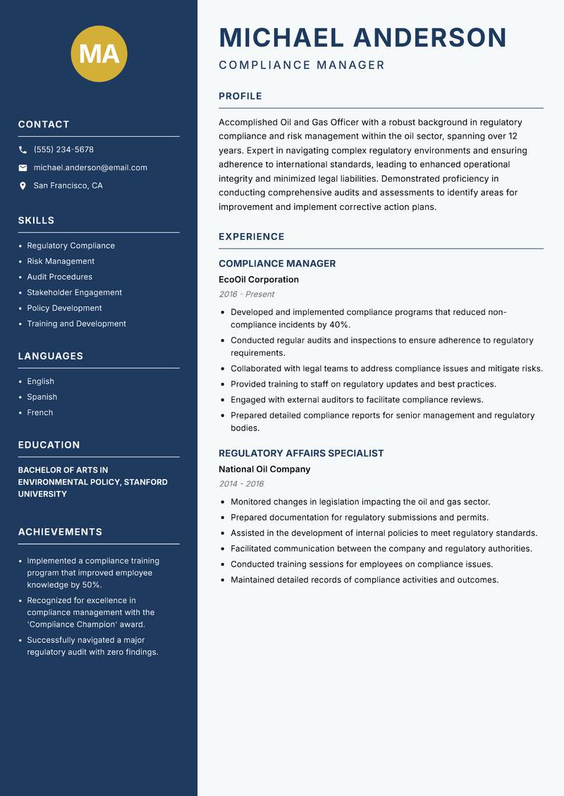 Oil and Gas Officer resume template — Classic Clean