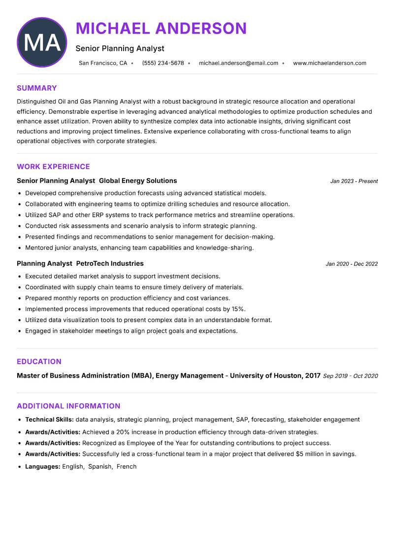 Oil and Gas Planning Analyst resume example — ATS-friendly template