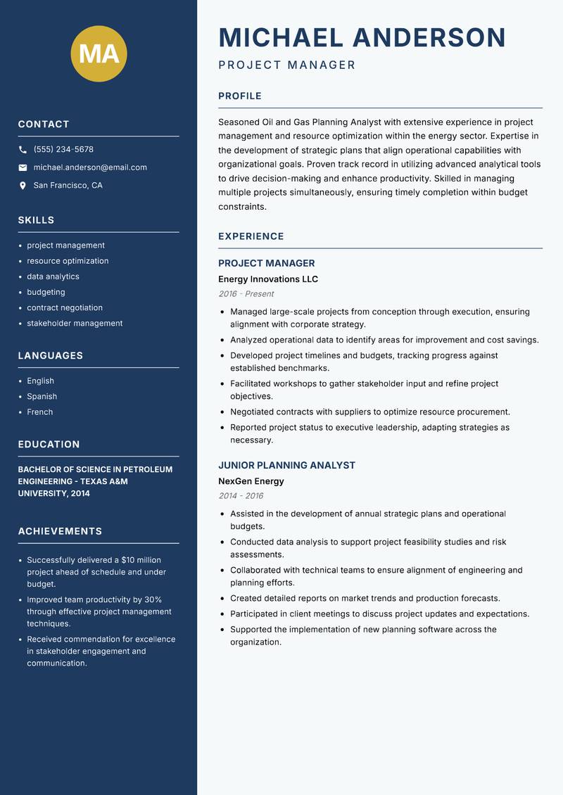 Oil and Gas Planning Analyst resume template — Classic Clean