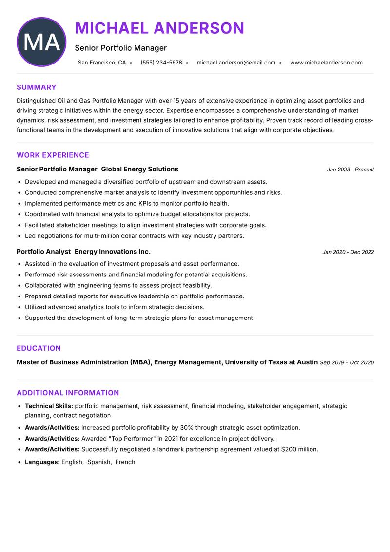 Oil and Gas Portfolio Manager resume example — ATS-friendly template