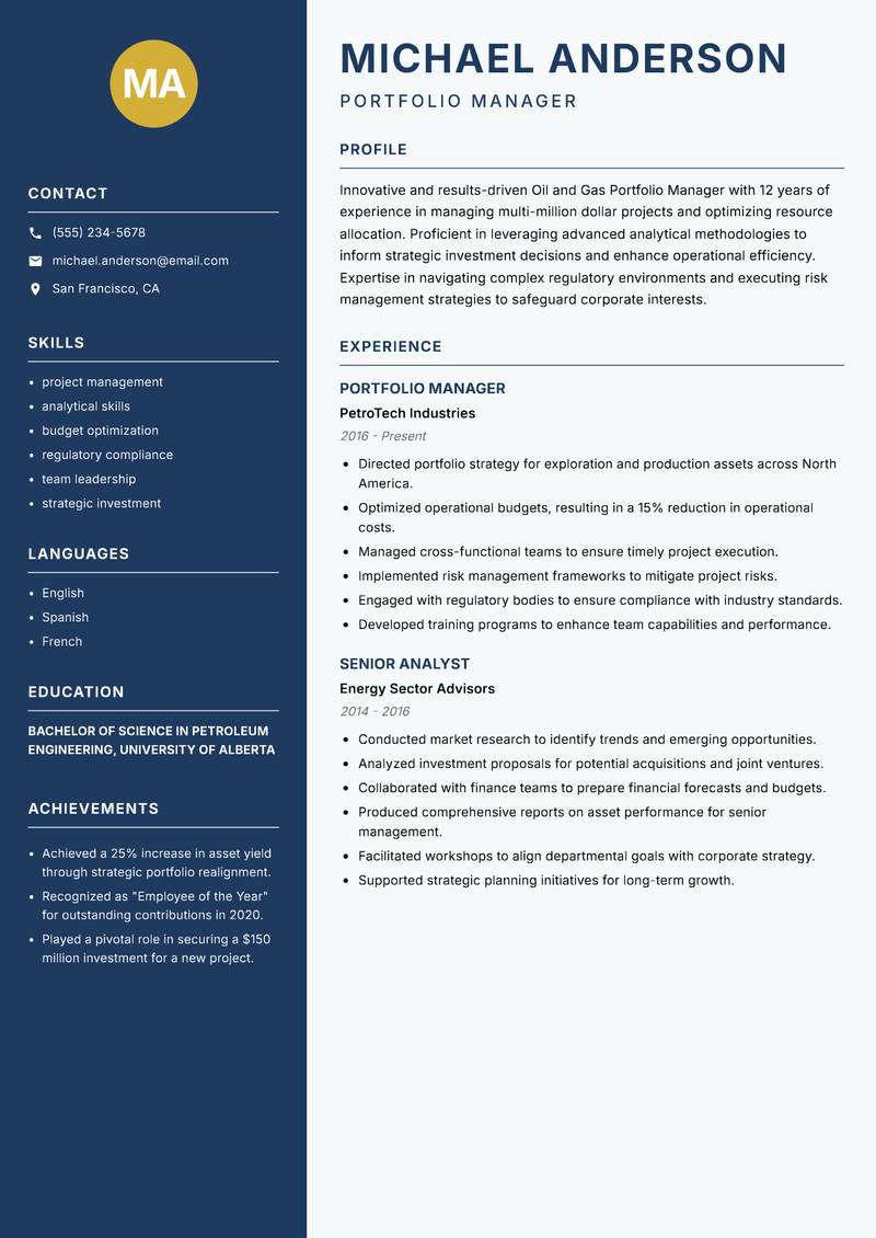 Oil and Gas Portfolio Manager resume template — Classic Clean