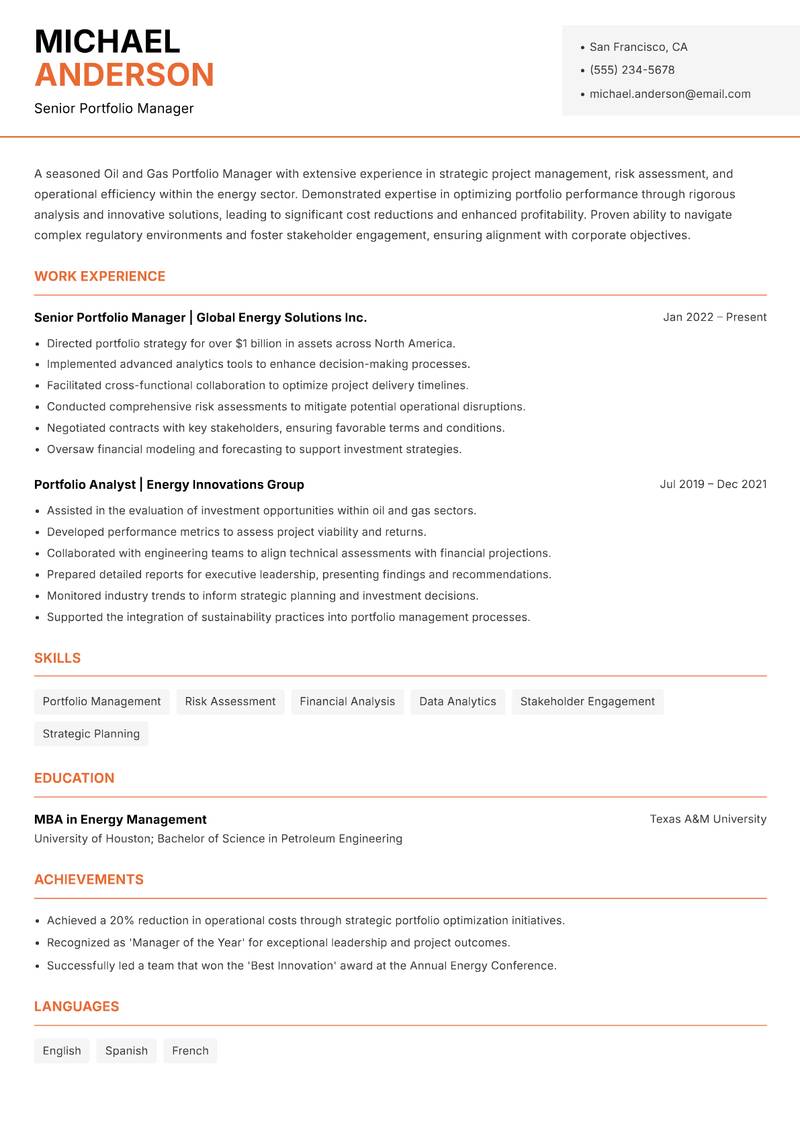 Oil and Gas Portfolio Manager resume template — Modern Professional