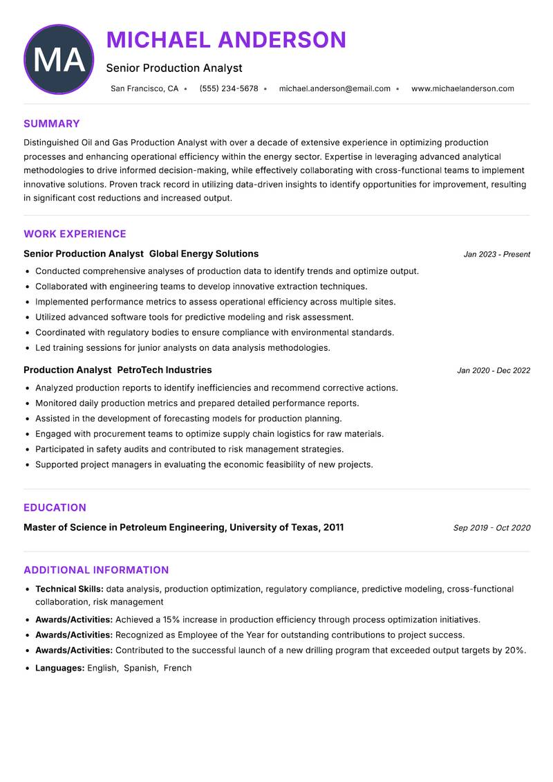 Oil and Gas Production Analyst resume example — ATS-friendly template