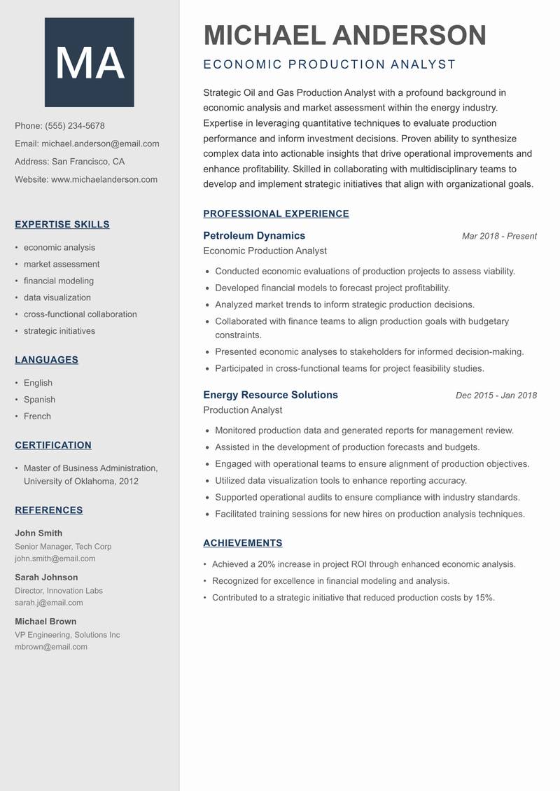 Oil and Gas Production Analyst resume template — Creative Minimal