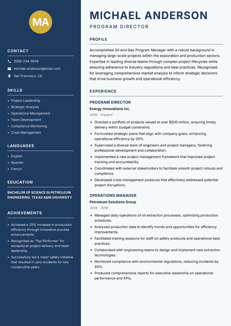Oil and Gas Program Manager resume template — Classic Clean