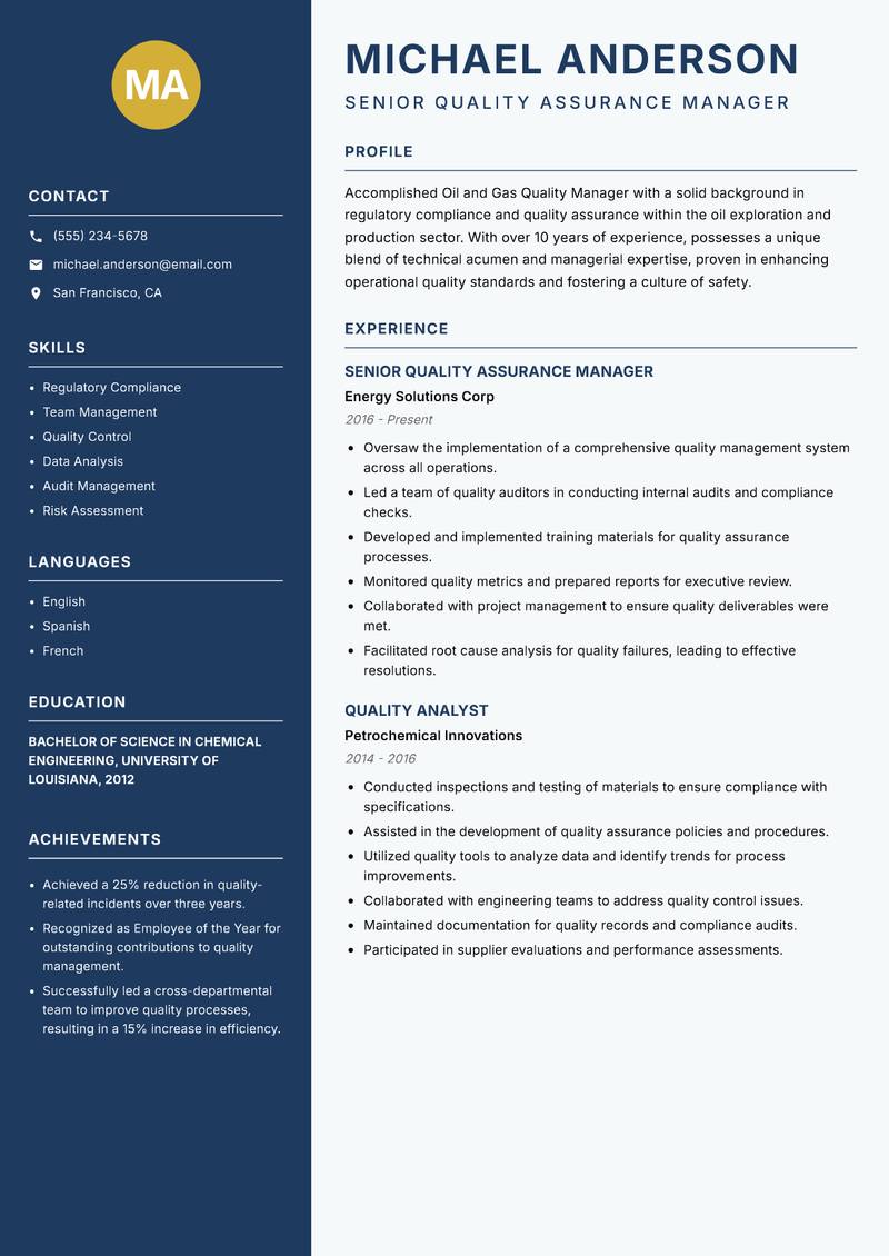 Oil and Gas Quality Manager resume template — Classic Clean