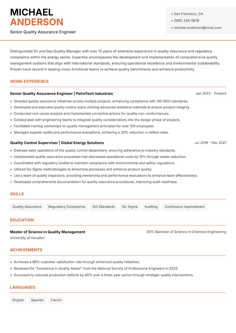 Oil and Gas Quality Manager resume template — Modern Professional