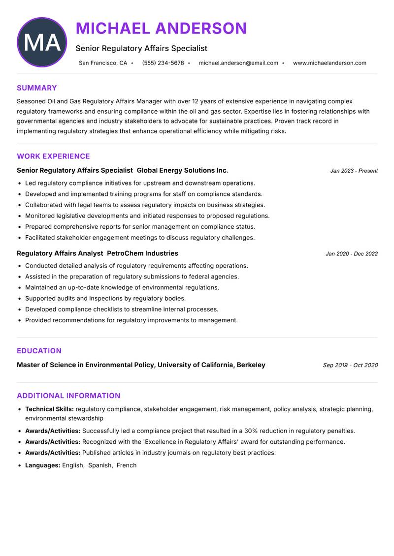 Oil and Gas Regulatory Affairs Manager resume example — ATS-friendly template