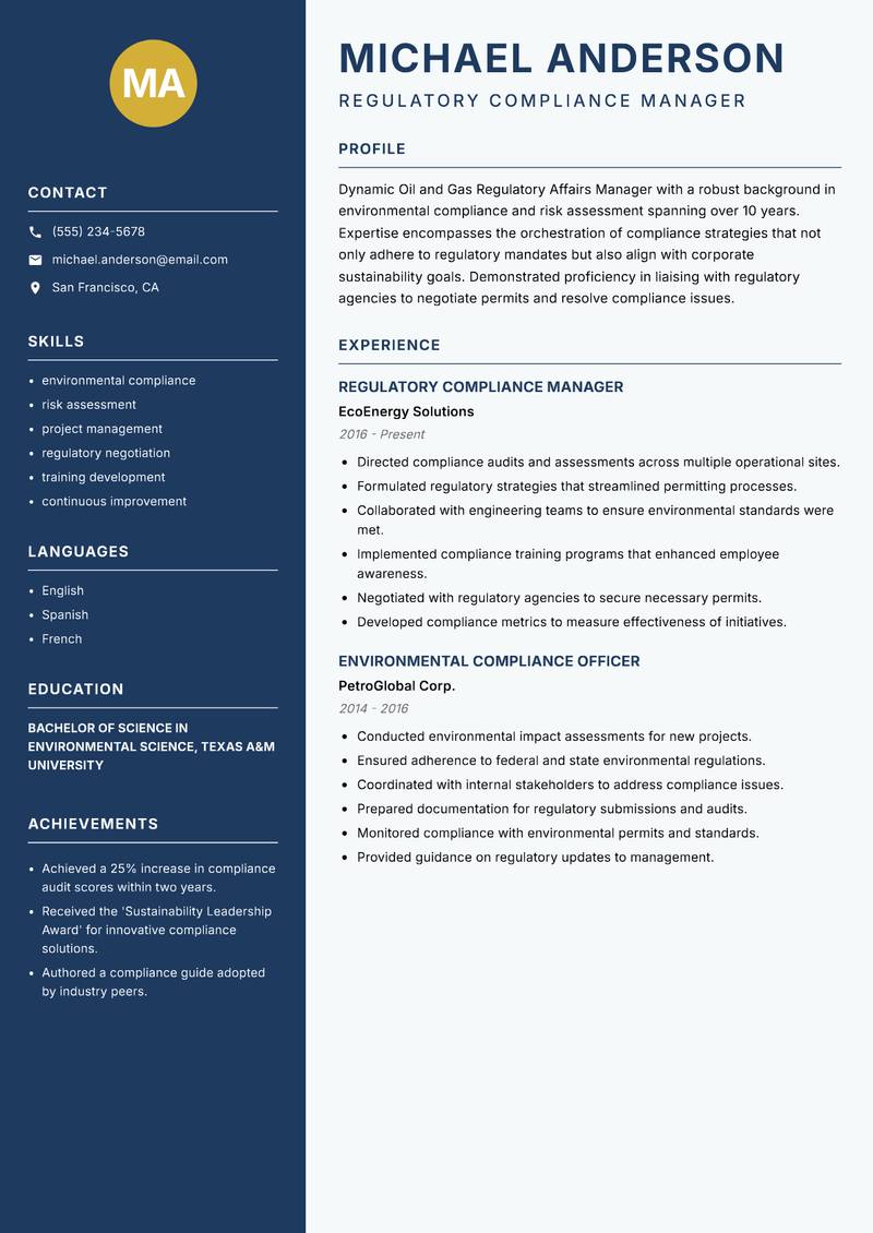 Oil and Gas Regulatory Affairs Manager resume template — Classic Clean