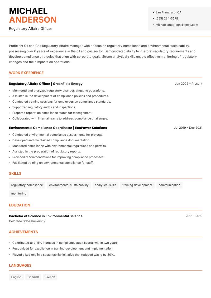 Oil and Gas Regulatory Affairs Manager resume template — Modern Professional