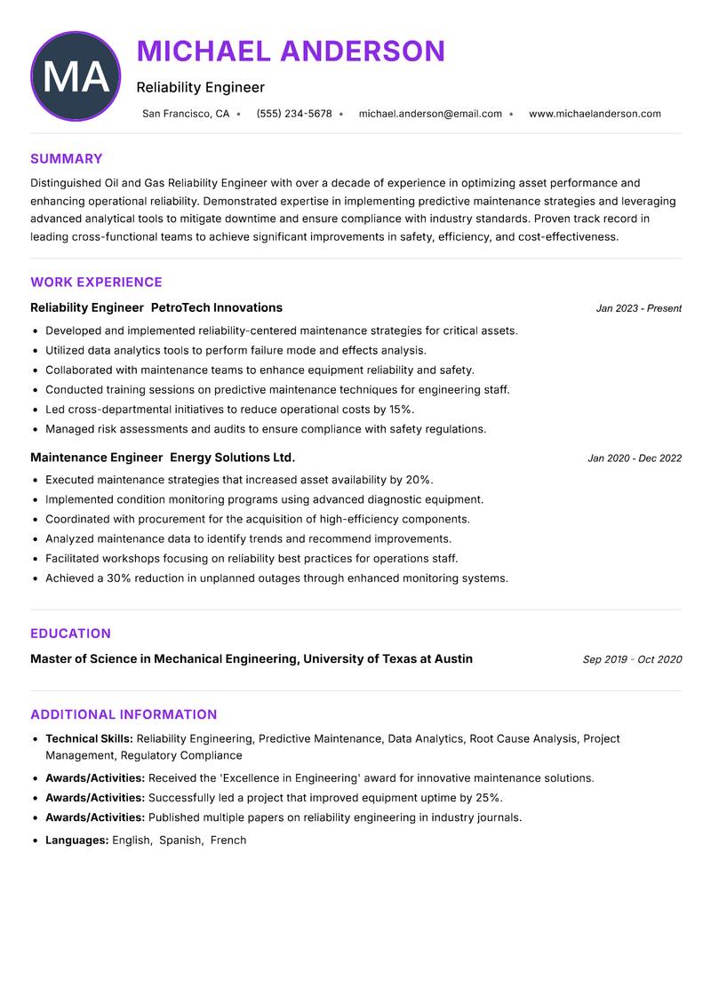 Oil and Gas Reliability Engineer resume example — ATS-friendly template