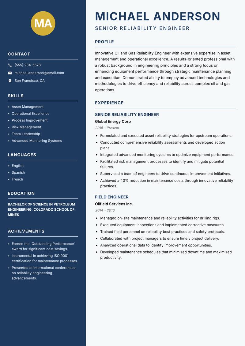 Oil and Gas Reliability Engineer resume template — Classic Clean