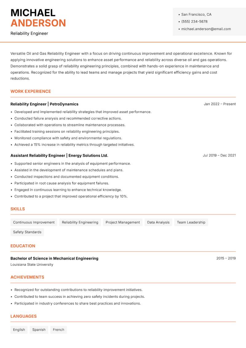 Oil and Gas Reliability Engineer resume template — Modern Professional