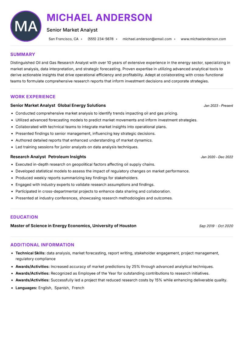 Oil and Gas Research Analyst resume example — ATS-friendly template
