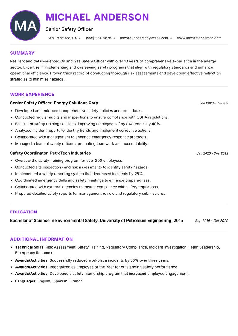 Oil and Gas Safety Officer resume example — ATS-friendly template