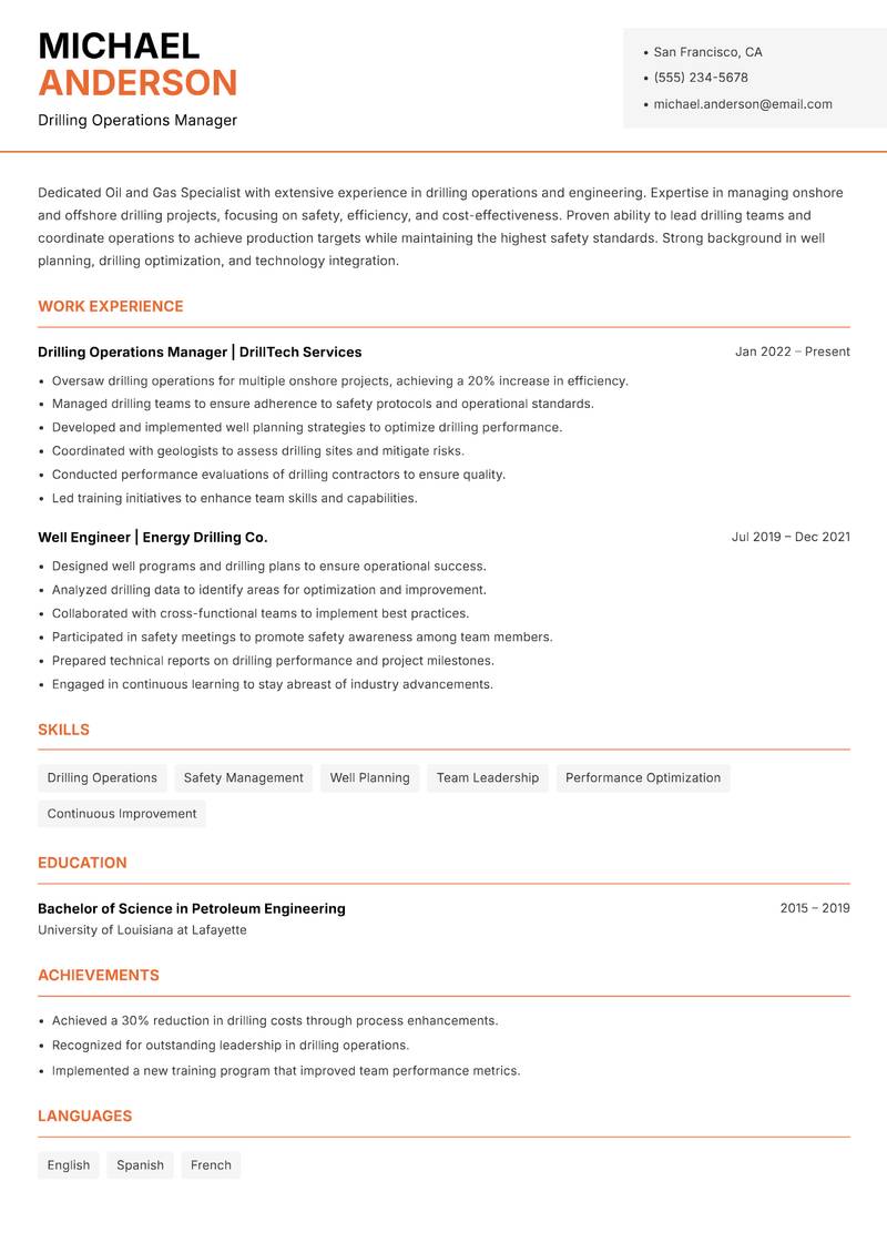 Oil and Gas Specialist resume template — Modern Professional