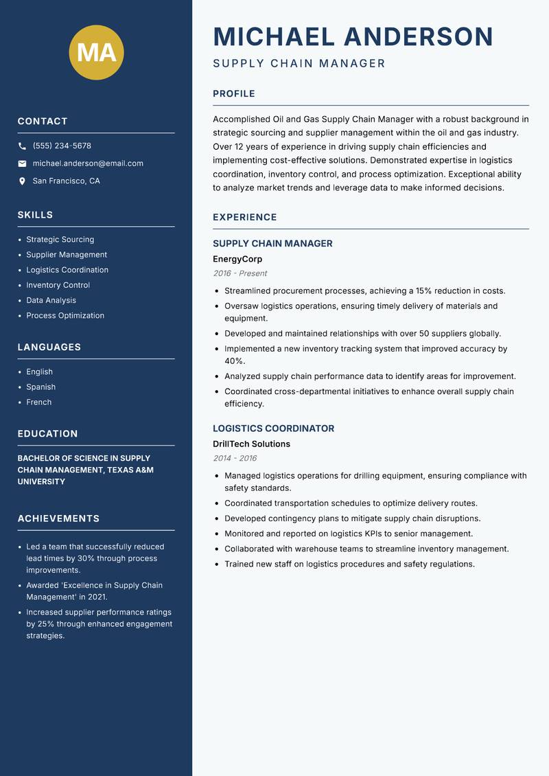 Oil and Gas Supply Chain Manager resume template — Classic Clean