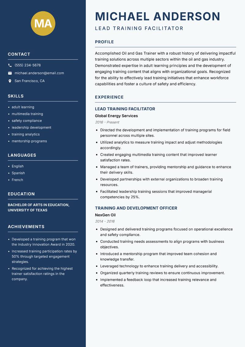 Oil and Gas Trainer resume template — Classic Clean