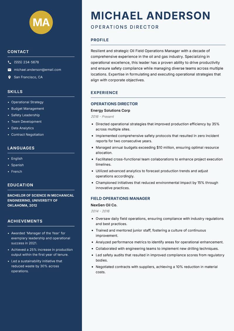 Oil Field Operations Manager resume template — Classic Clean