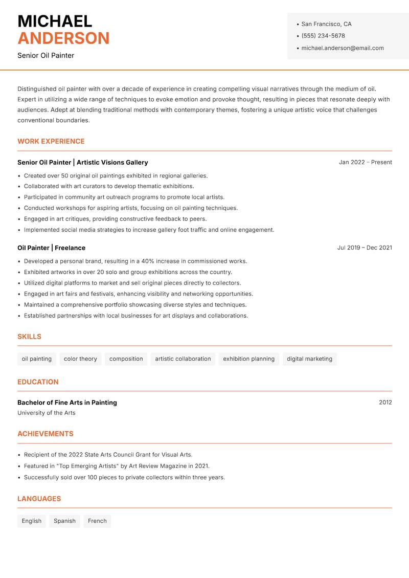 Oil Painter resume template — Modern Professional