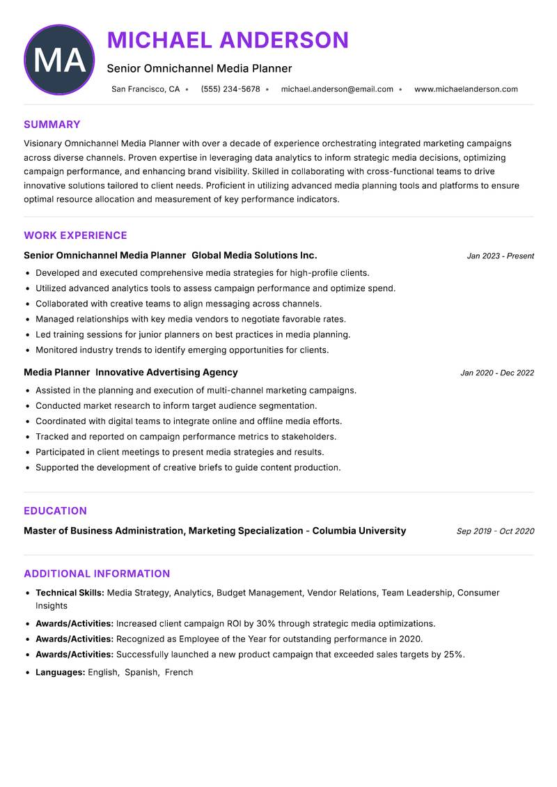 Omnichannel Media Planner resume example — ATS-friendly template