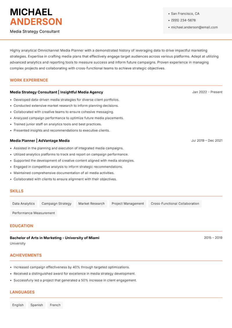 Omnichannel Media Planner resume template — Modern Professional