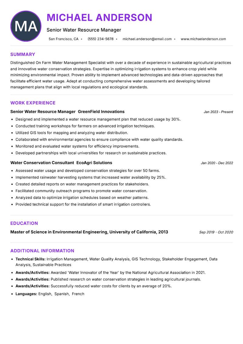 On Farm Water Management Specialist resume example — ATS-friendly template