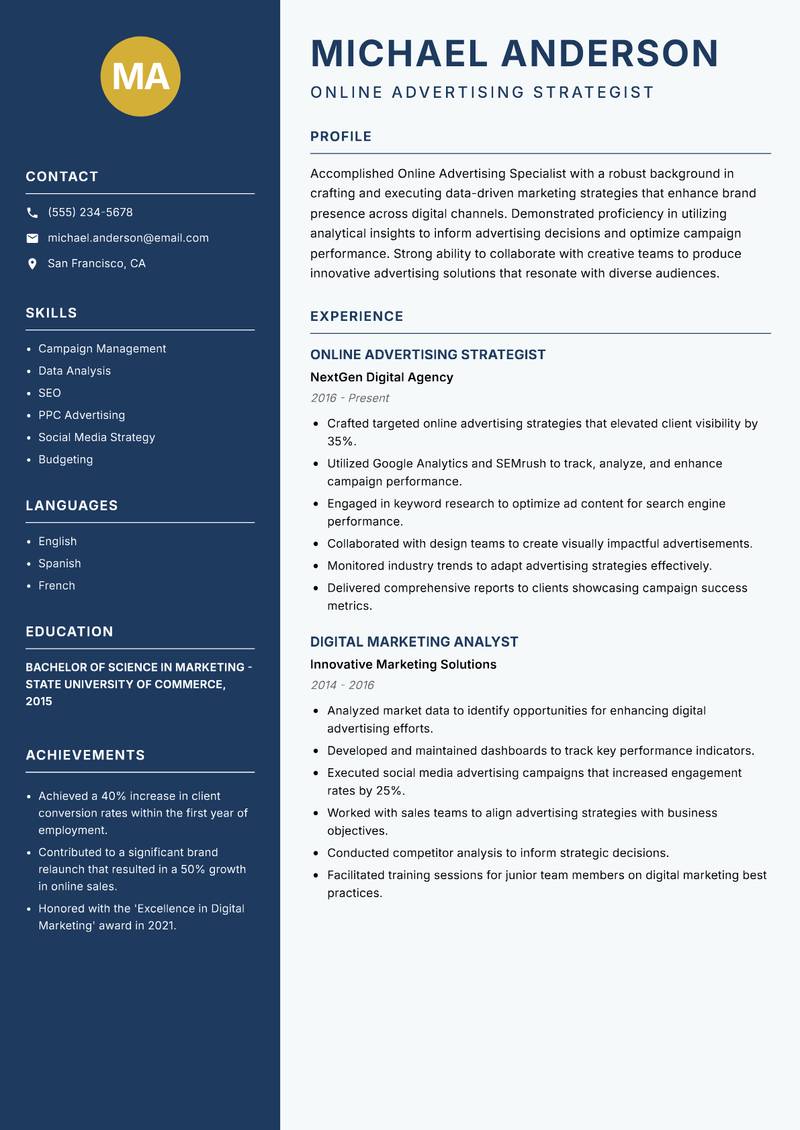 Online Advertising Specialist resume template — Classic Clean