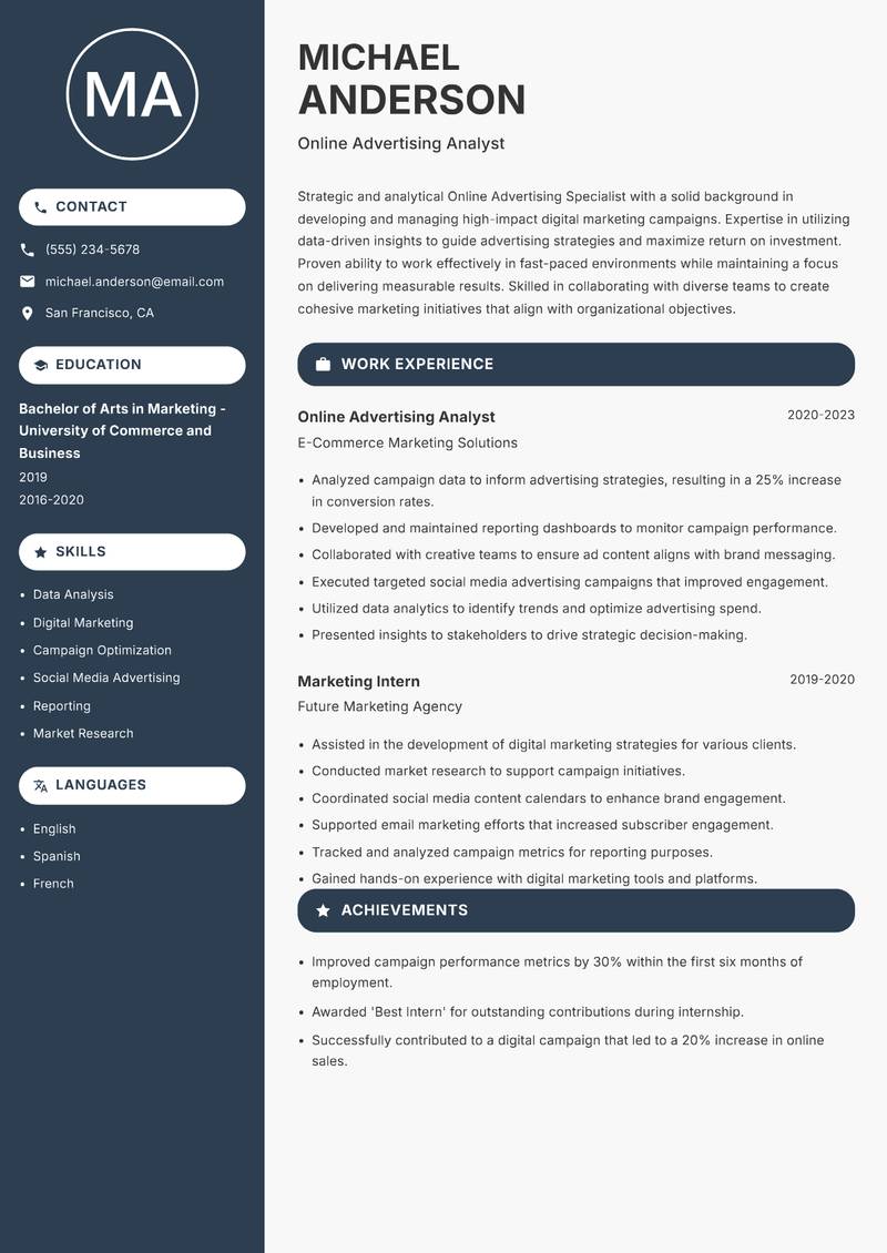 Online Advertising Specialist resume template — Compact