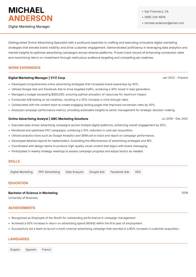 Online Advertising Specialist resume template — Modern Professional