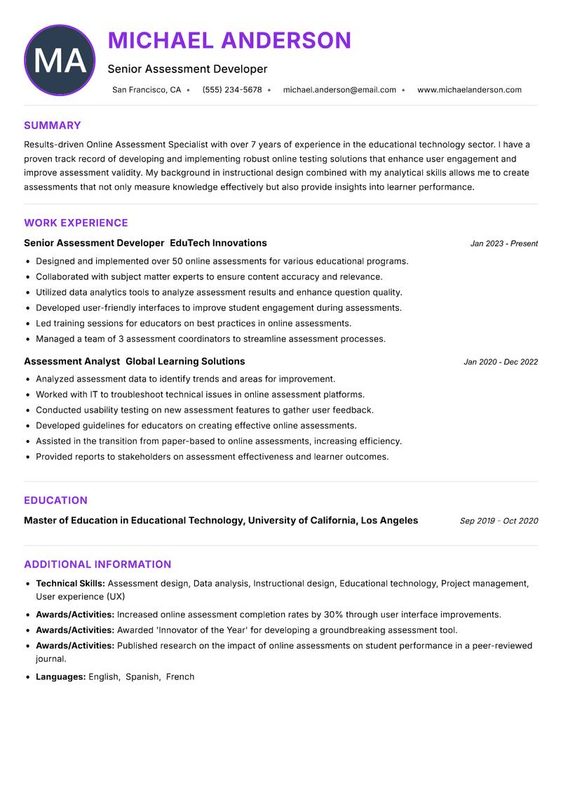 Online Assessment Specialist resume example — ATS-friendly template