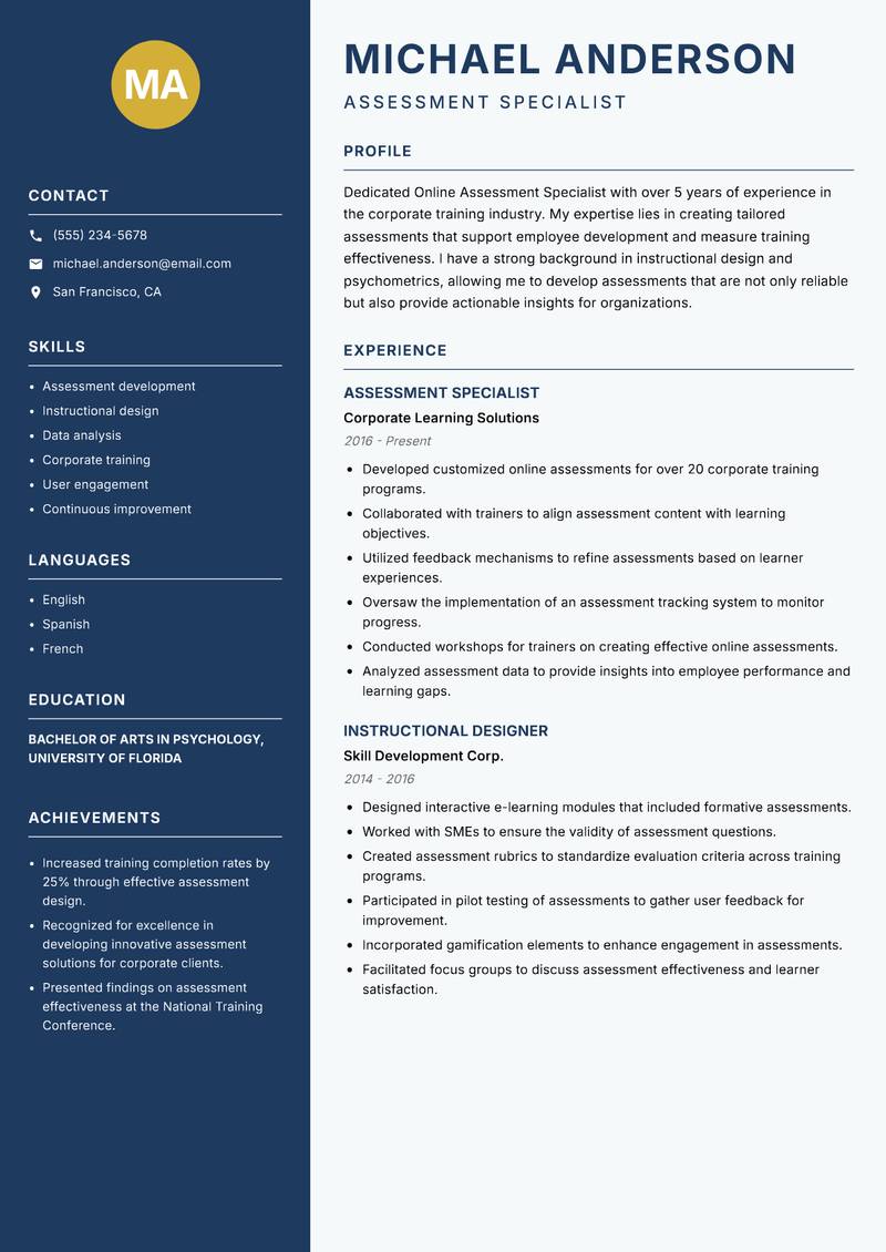 Online Assessment Specialist resume template — Classic Clean