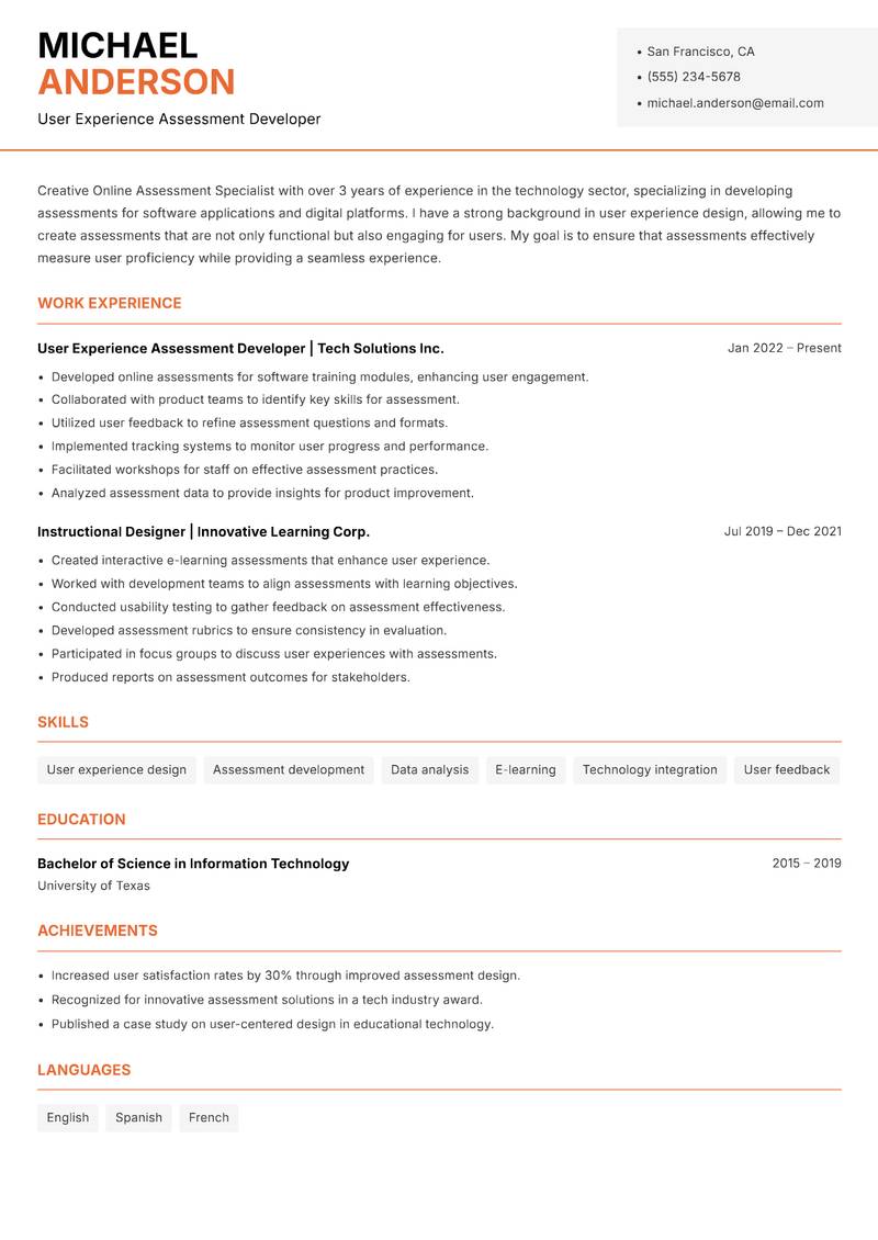 Online Assessment Specialist resume template — Modern Professional