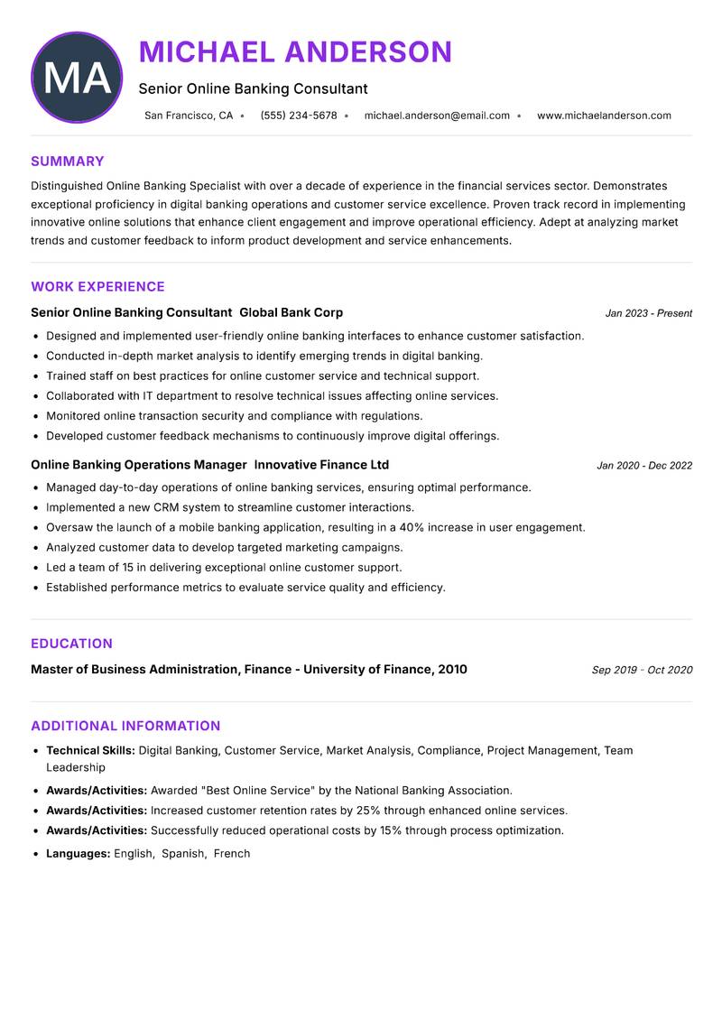 Online Banking Specialist resume example — ATS-friendly template
