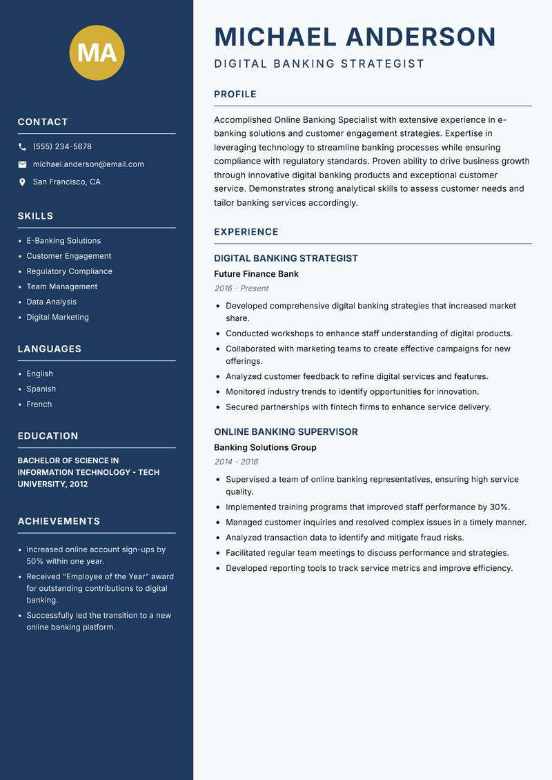 Online Banking Specialist resume template — Classic Clean
