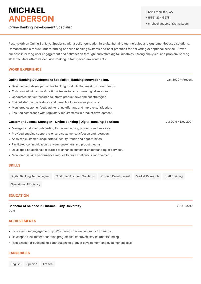 Online Banking Specialist resume template — Modern Professional