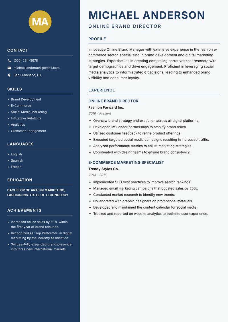 Online Brand Manager resume template — Classic Clean
