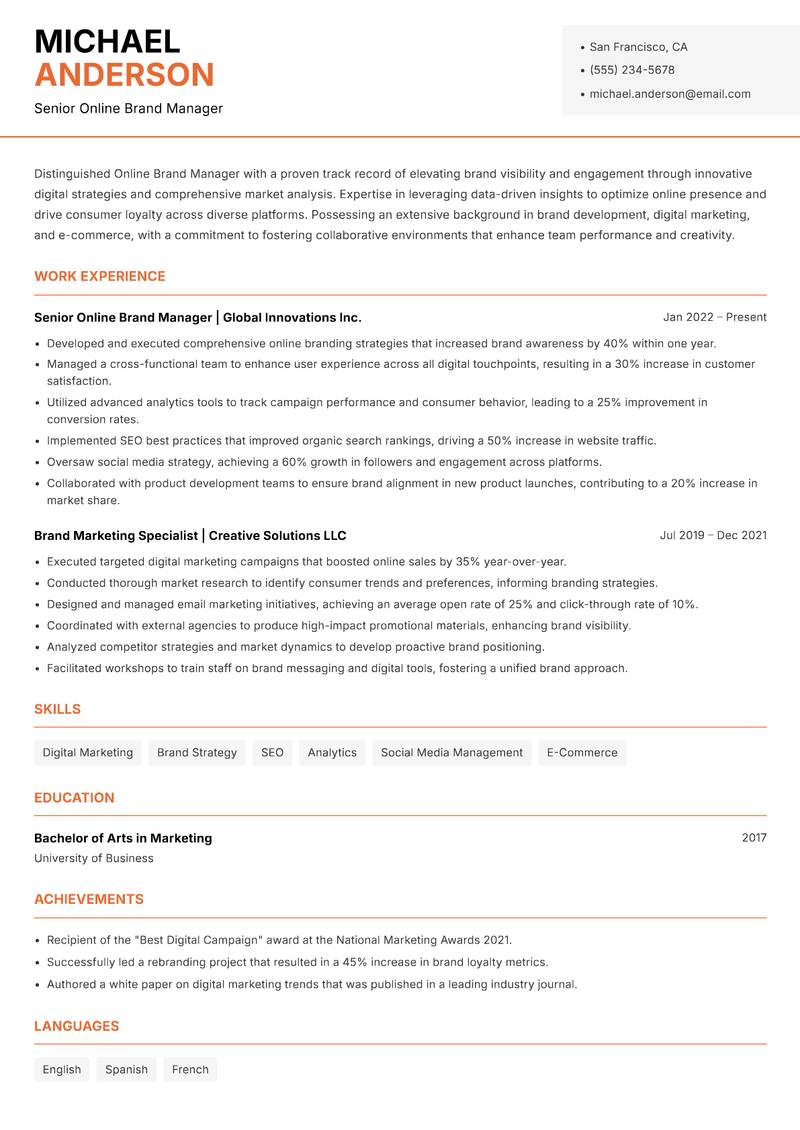 Online Brand Manager resume template — Modern Professional